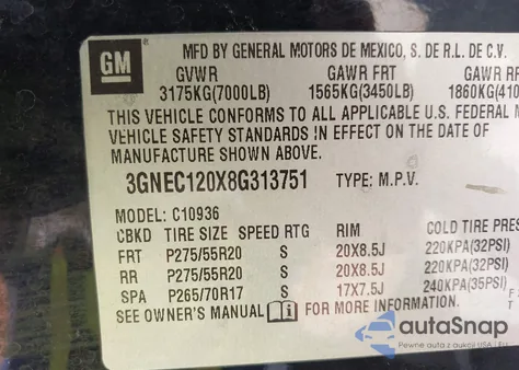 2008 Chevrolet Avalanche 1500 Lt z USA, uszkodzony, nr VIN 3GNEC120X8G313751